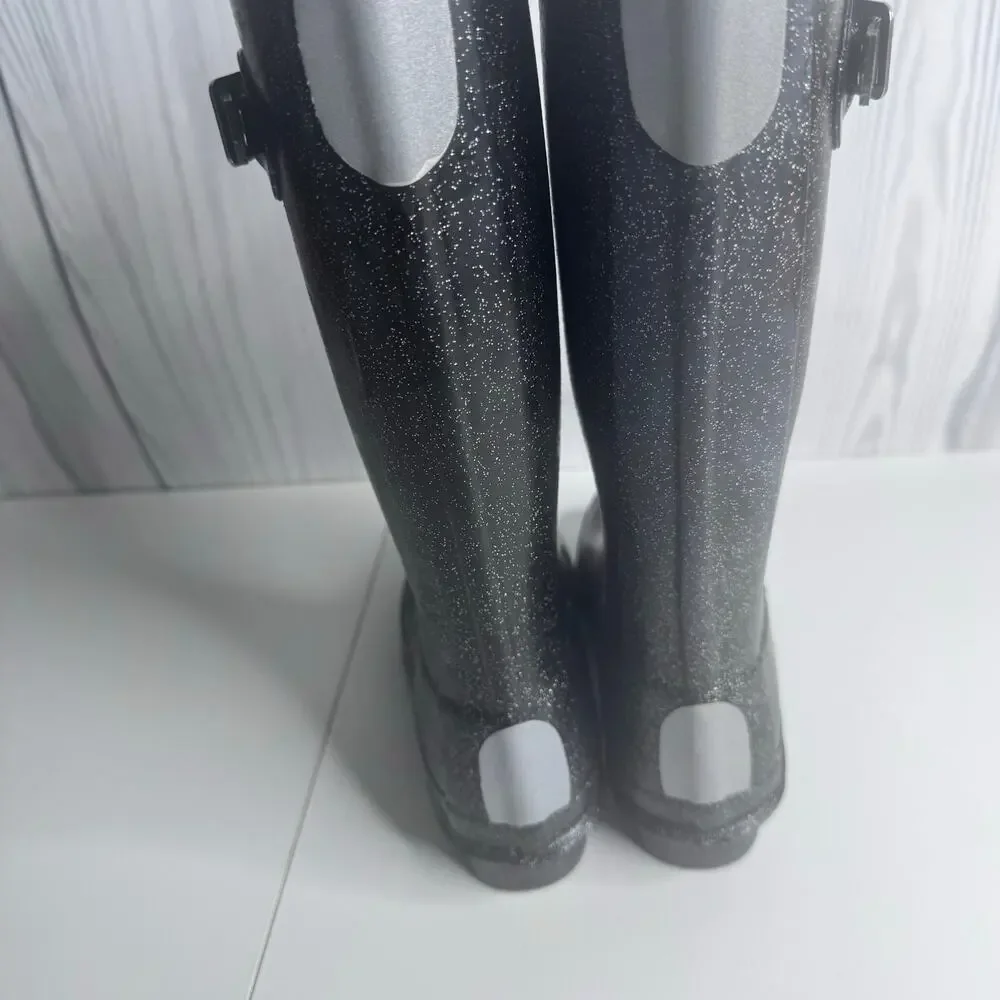 Hunter Big Kids Original Giant Glitter Girls 1 Rain Boots, Black